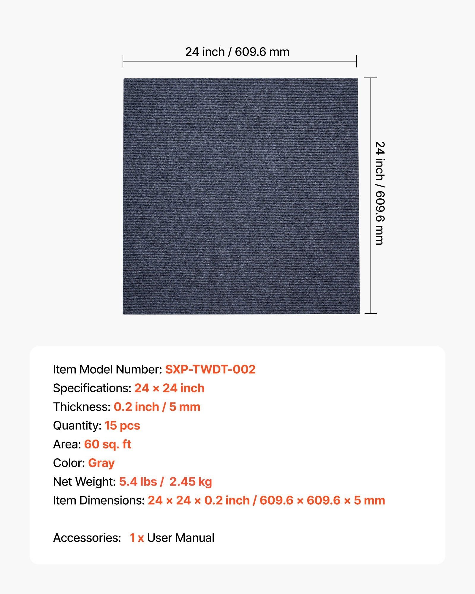 Carpet Tiles 610x610 mm, 15 Pack Peel and Stick Carpet Square Rug, Self Adhesive Commercial Floor Soft Padded V952-ZZFKDT2424INX4DTI001V0
