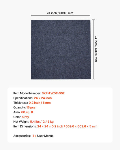 Carpet Tiles 610x610 mm, 15 Pack Peel and Stick Carpet Square Rug, Self Adhesive Commercial Floor Soft Padded V952-ZZFKDT2424INX4DTI001V0