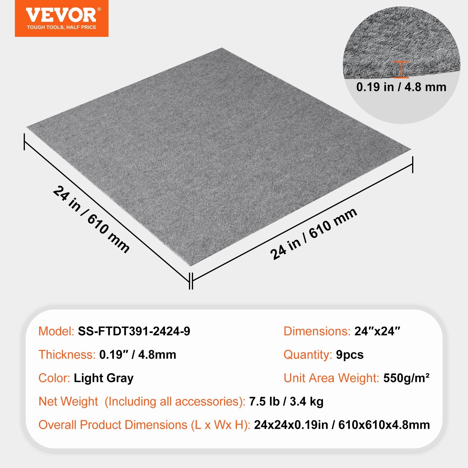 Carpet Tiles Peel and Stick, Squares Self Adhesive Carpet Floor Tile, Soft Padded Carpet Tiles, Easy Install V952-ZZFKDT2424YCAK994V0