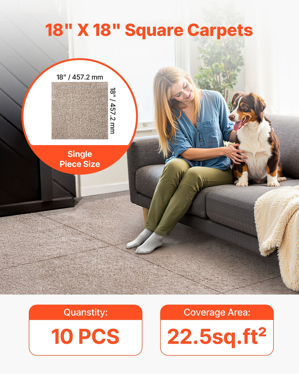 Carpet Tiles 457x457 mm, 10 Pack Carpet Square Rug Detachable & Damage-free, Self Adhesive Home Floor Soft V952-ZZFKDTX1818I3EISJ001V0