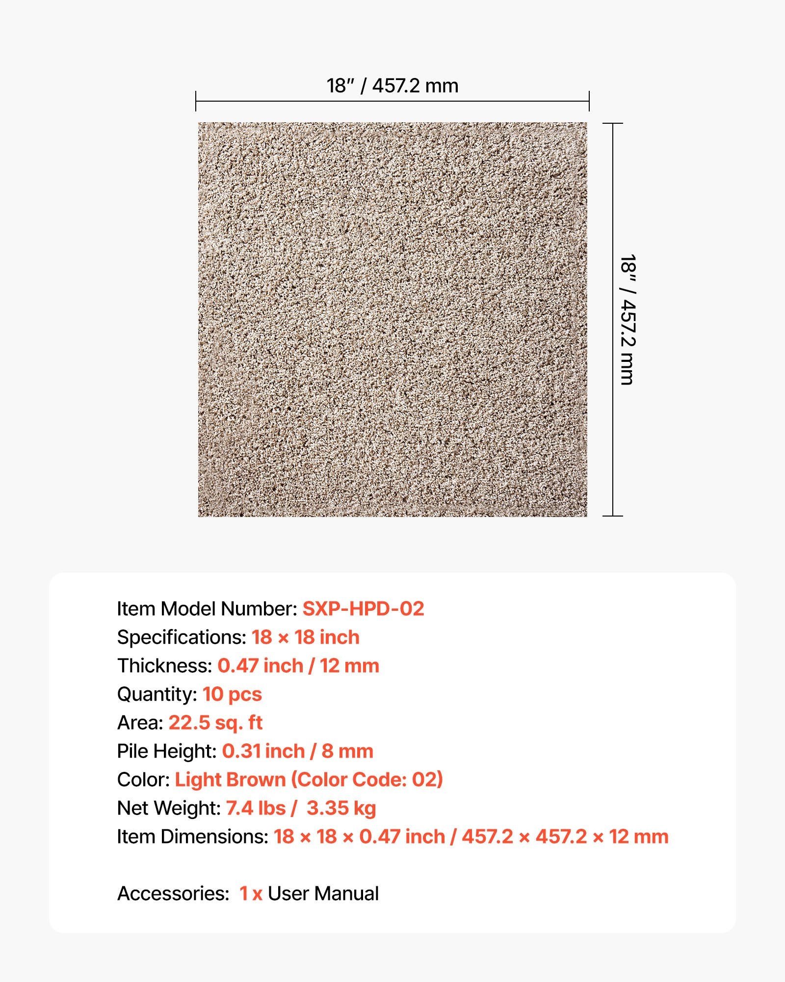 Carpet Tiles 457x457 mm, 10 Pack Carpet Square Rug Detachable & Damage-free, Self Adhesive Home Floor Soft V952-ZZFKDTX1818I3EISJ001V0