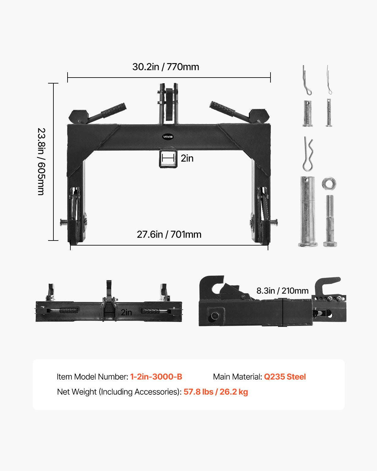 3-Point Quick Hitch with 2 in Receiver, 3000 Lbs Lift Capacity, 3-Pt Hitch with 5 Level Adjustable Bolt, V952-ZZJKHJT12LTL4BMD9001V0
