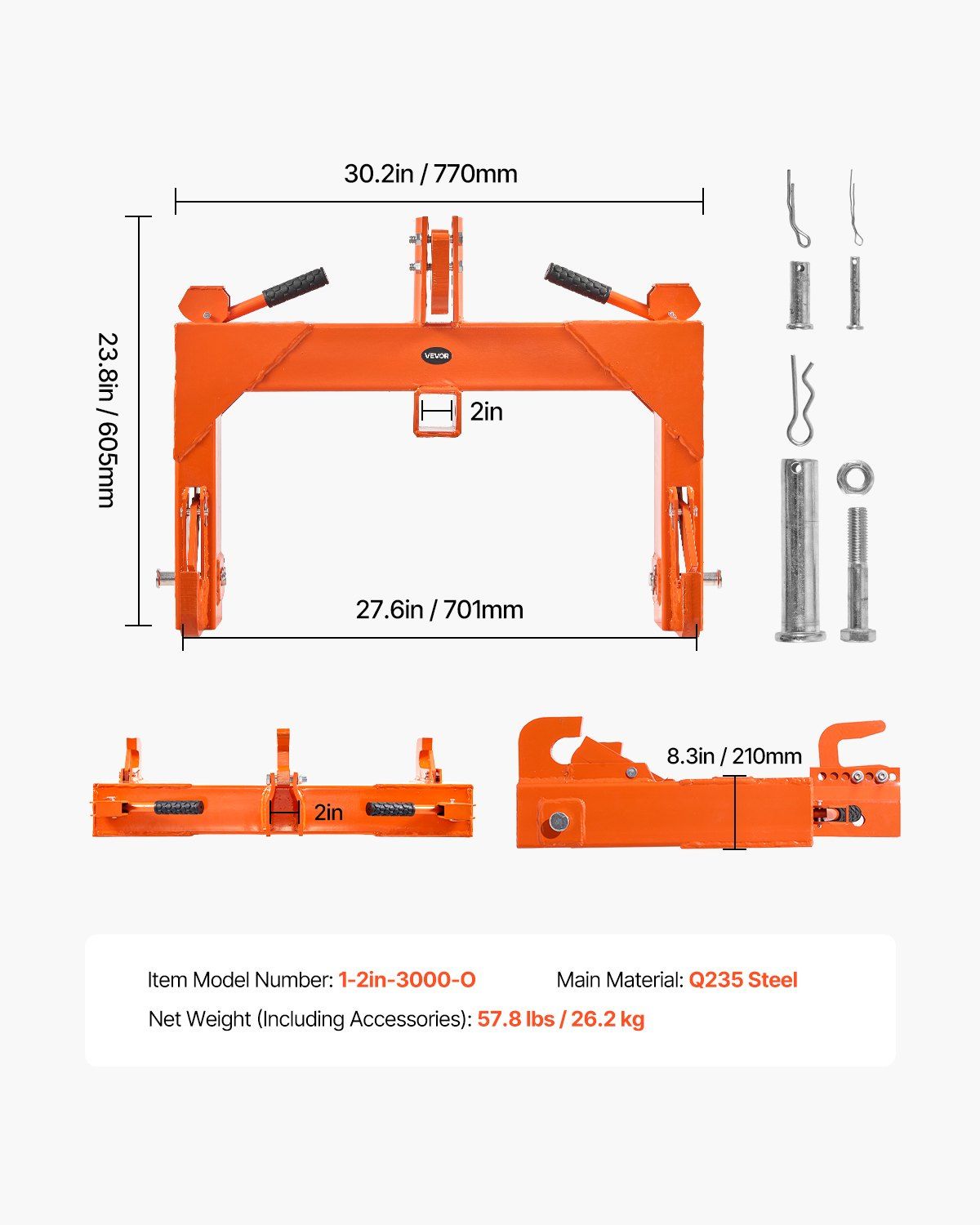 3-Point Quick Hitch with 2 in Receiver, 3000 Lbs Lift Capacity, 3-Pt Hitch with 5 Level Adjustable Bolt, V952-ZZJKHJT12LTL7UC7H001V0