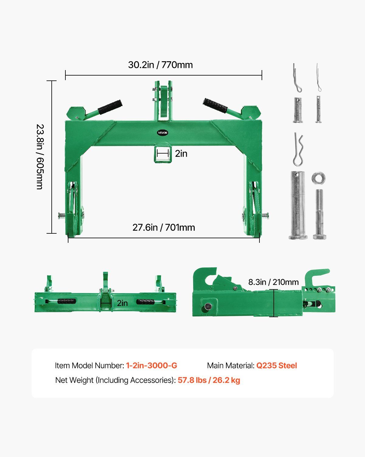 3-Point Quick Hitch with 2 in Receiver, 3000 Lbs Lift Capacity, 3-Pt Hitch with 5 Level Adjustable Bolt, V952-ZZJKHJT12LTLTZ4R9001V0