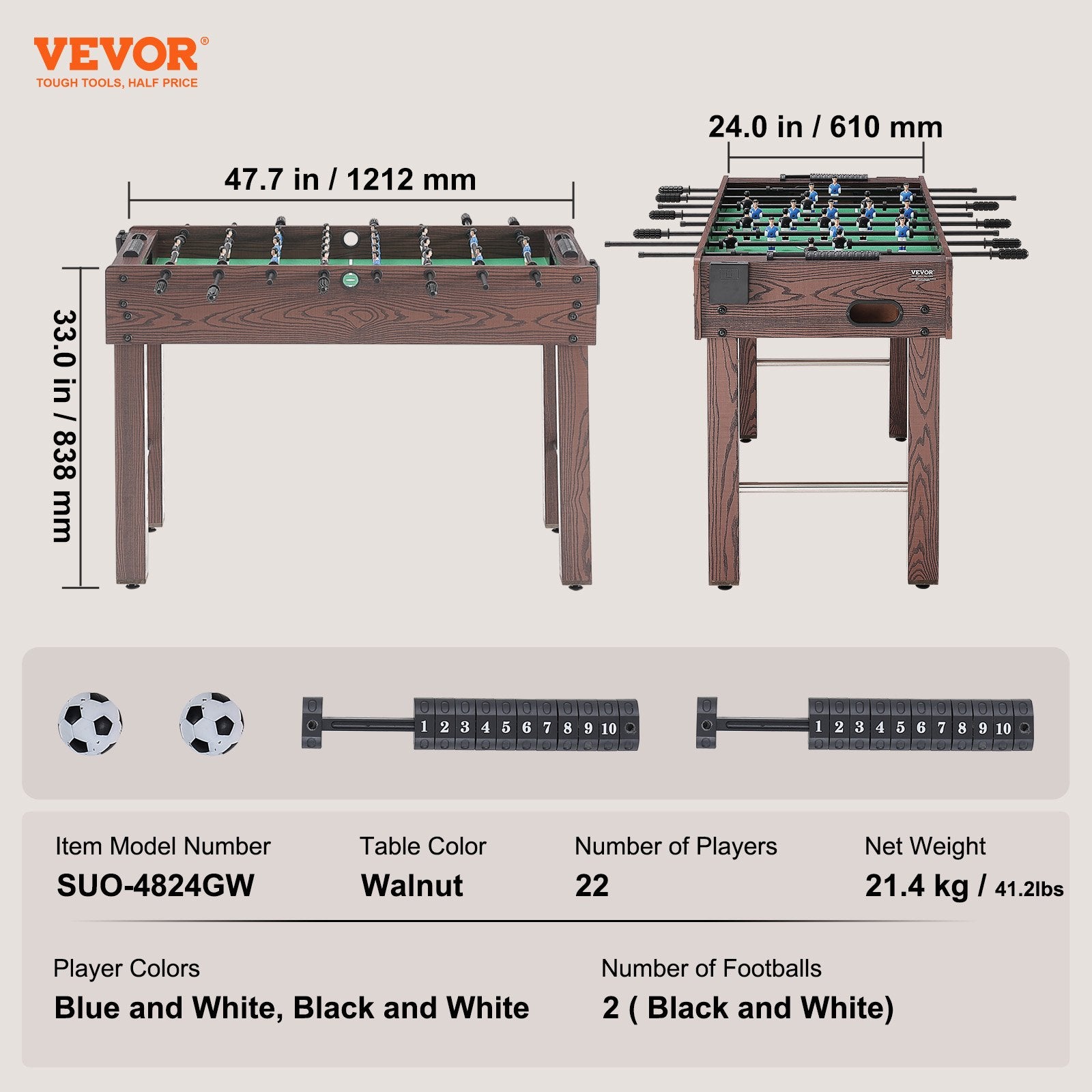 Foosball Table, 48 inch Standard Size Foosball Table, Indoor Full Size Foosball Table for Home, Family, and V952-ZZKZQZ48YCBB86HRRV0