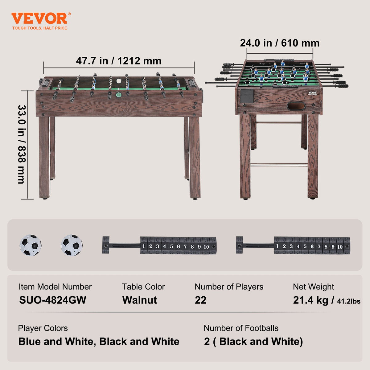 Foosball Table, 48 inch Standard Size Foosball Table, Indoor Full Size Foosball Table for Home, Family, and V952-ZZKZQZ48YCBB86HRRV0