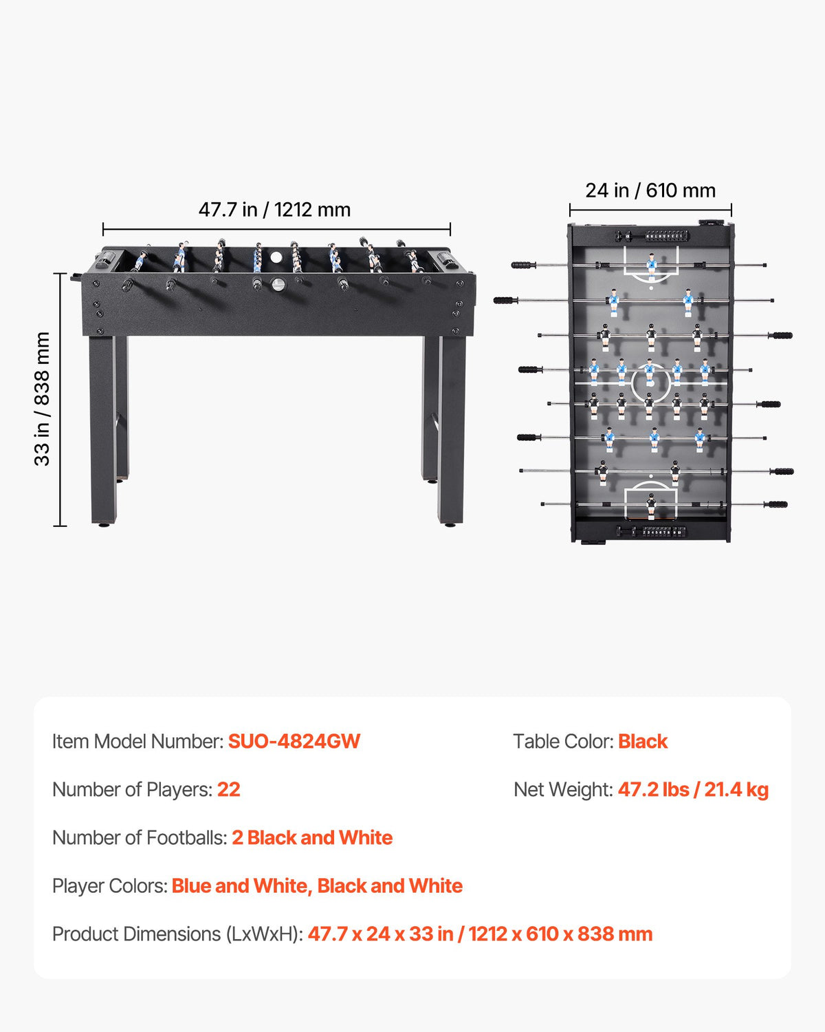 Foosball Table, 121 cm Standard Size Table, Indoor Full Size Foosball Tables for Home, Family, and Game Room, V952-ZZKZQZ48YCHSUEDA6003V0