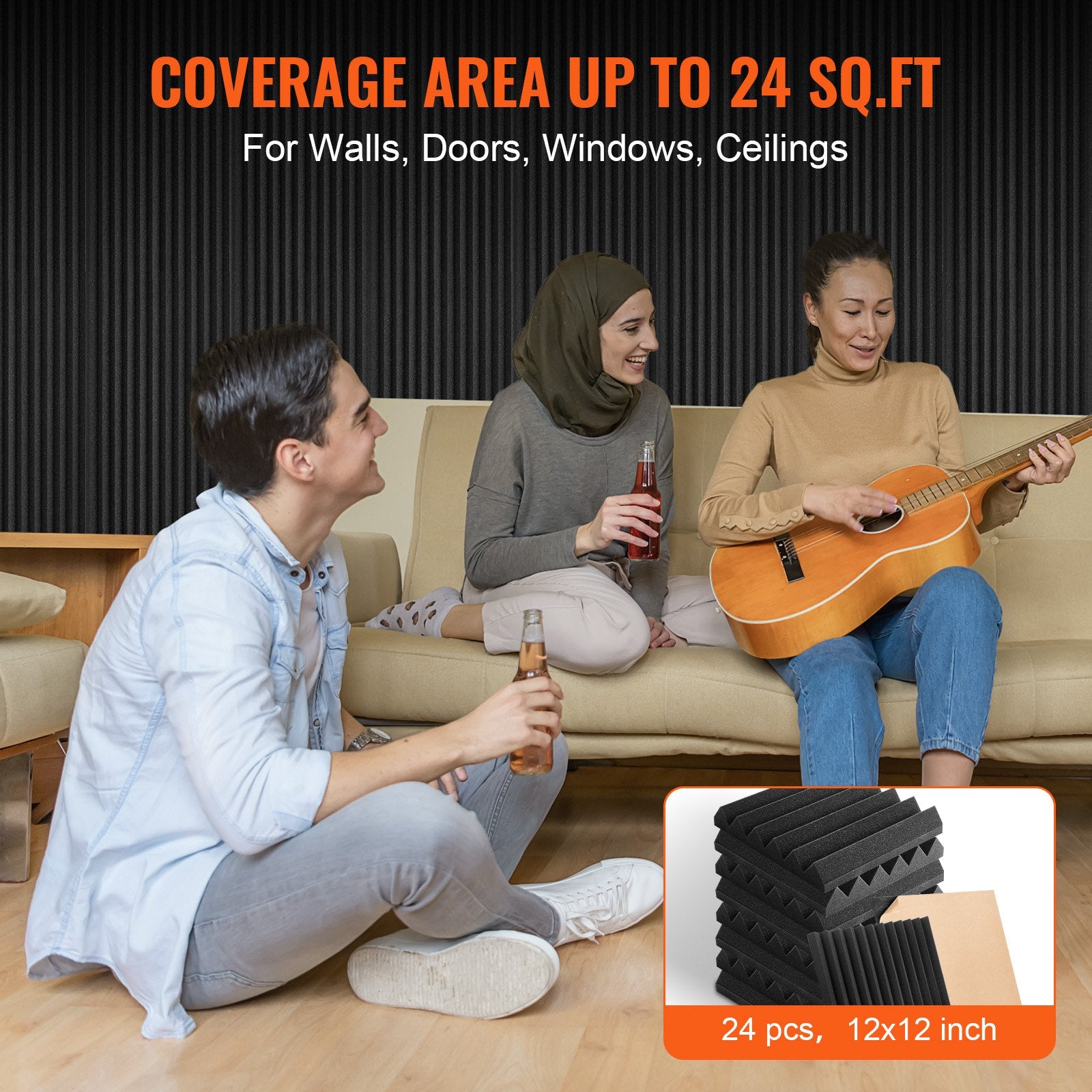 Acoustic Foam Panels 24 Pack 12 x 12 x 2 in Adhesive for Wall Ceiling V952-ZZSPMBHSL12W4C53ZV0