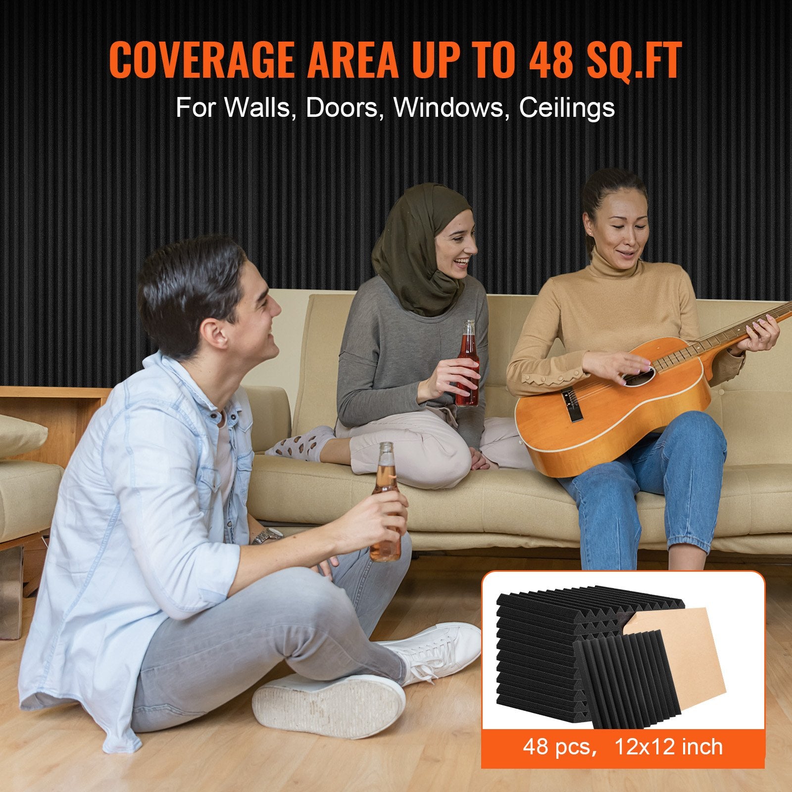 Acoustic Foam Panels 48 Pack 12 x 12 x 1 in Adhesive for Wall Ceiling V952-ZZSPMBHSL12W5Y37FV0