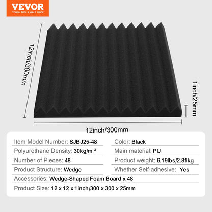 Acoustic Foam Panels 48 Pack 12 x 12 x 1 in Adhesive for Wall Ceiling V952-ZZSPMBHSL12W5Y37FV0