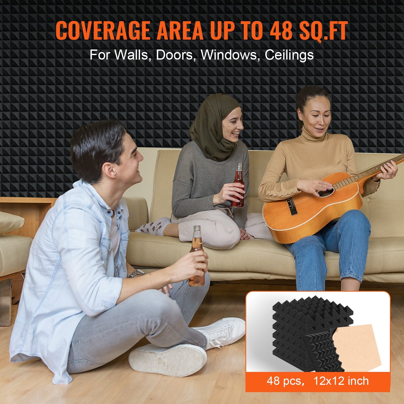Acoustic Foam Panels 48 Pack 12 x 12 x 2 in Adhesive for Wall Ceiling V952-ZZSPMBHSL12WV08RDV0