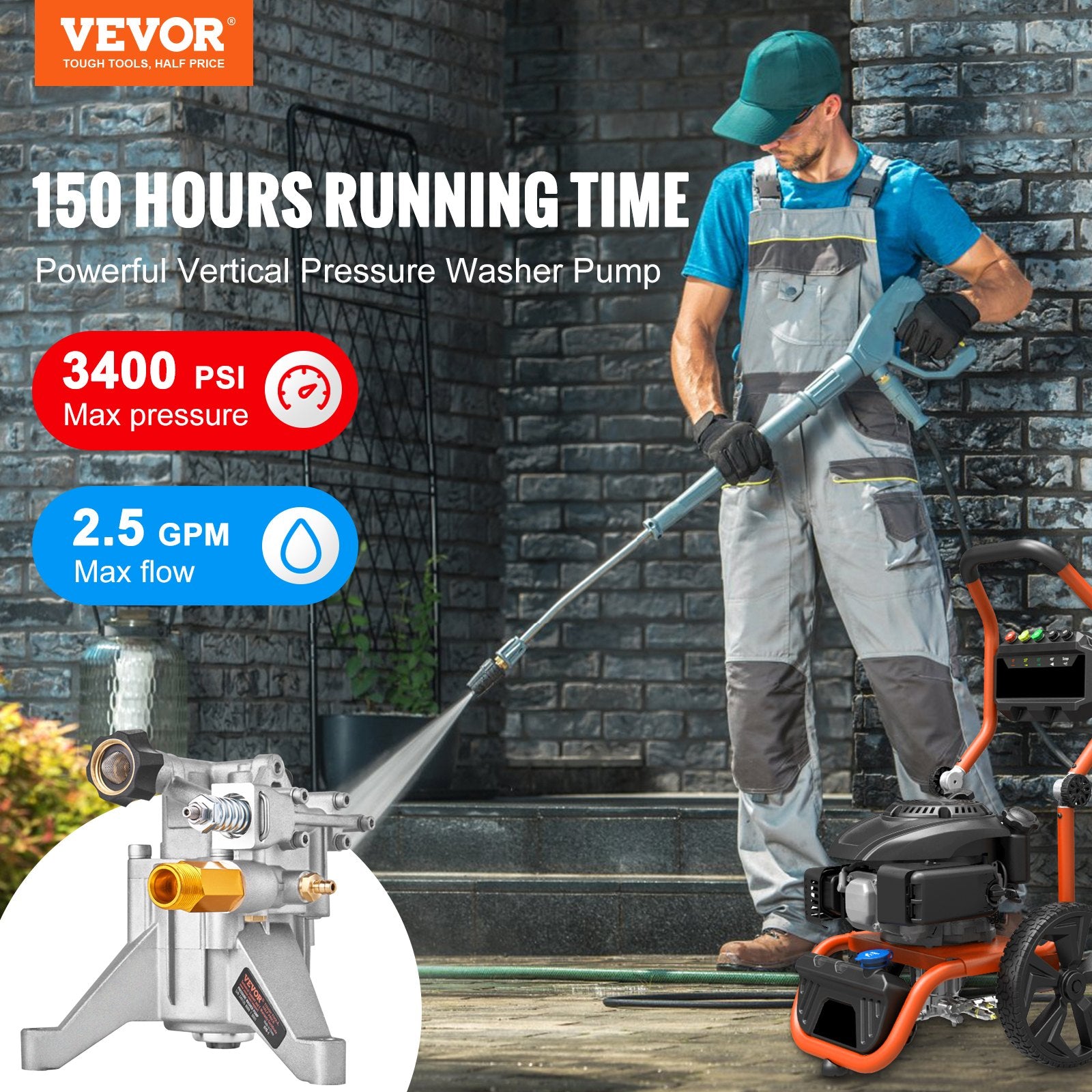 Pressure Washer Pump, 22 mm Shaft Vertical, 3400 PSI, 2.5 GPM, Replacement Power Washer Pumps Kit, Parts V952-ZZXPBZZ78INCHDXGMV0