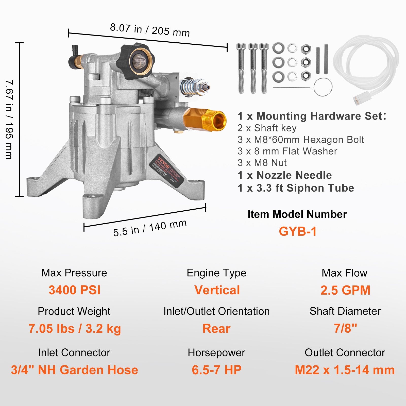 Pressure Washer Pump, 22 mm Shaft Vertical, 3400 PSI, 2.5 GPM, Replacement Power Washer Pumps Kit, Parts V952-ZZXPBZZ78INCHDXGMV0