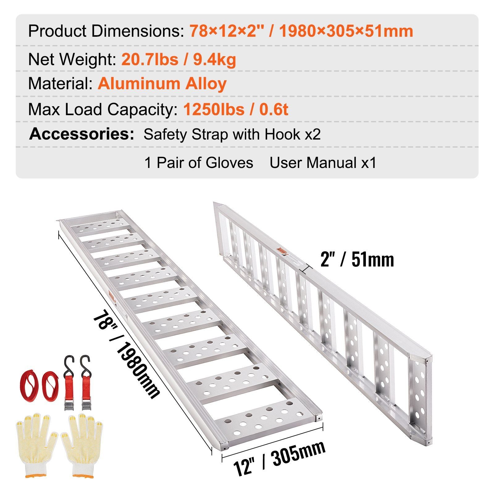 Aluminum Ramps, 1250lbs, Straight Ramp with Treads and Load Straps, Portable Loading Ramp for Motorcycles, V952-ZZZ1250781222PF5MV0