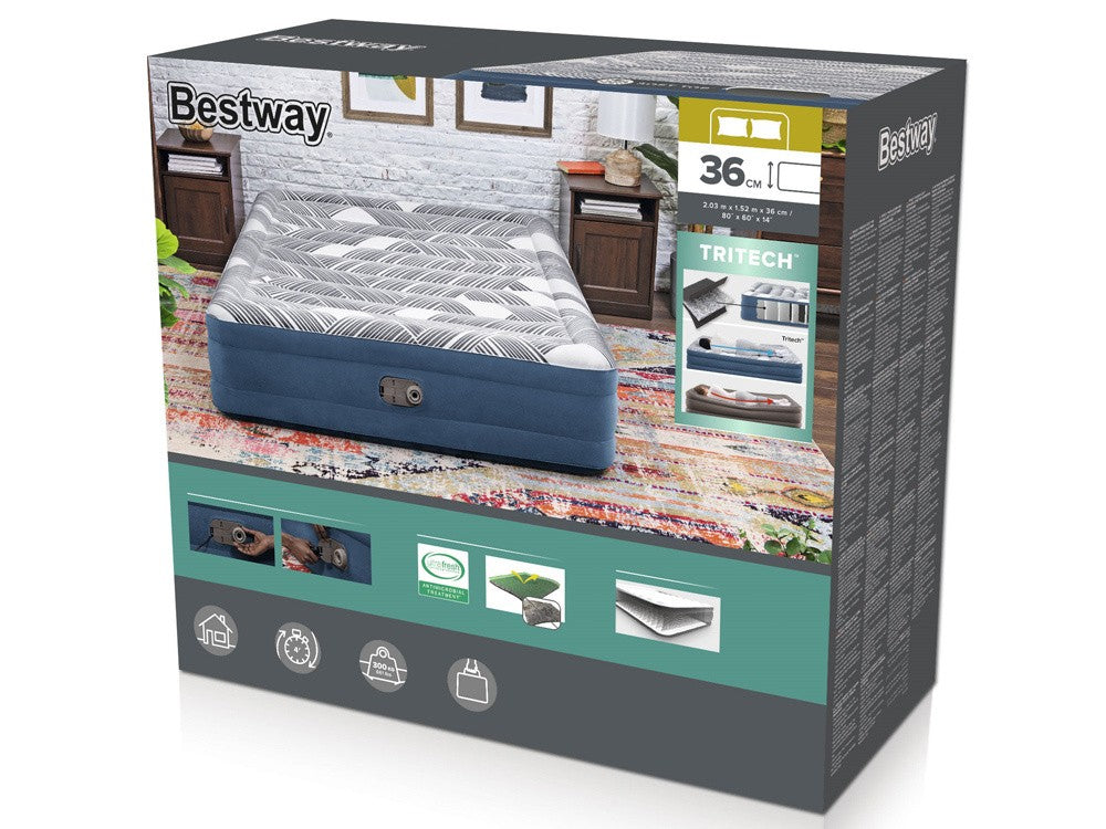 Bestway 2.03m x 1.52m x 36cm Tritech Fashion Flock comfortable inflatable Air Mattress Queen Built-in AC Pump V958-6712Y