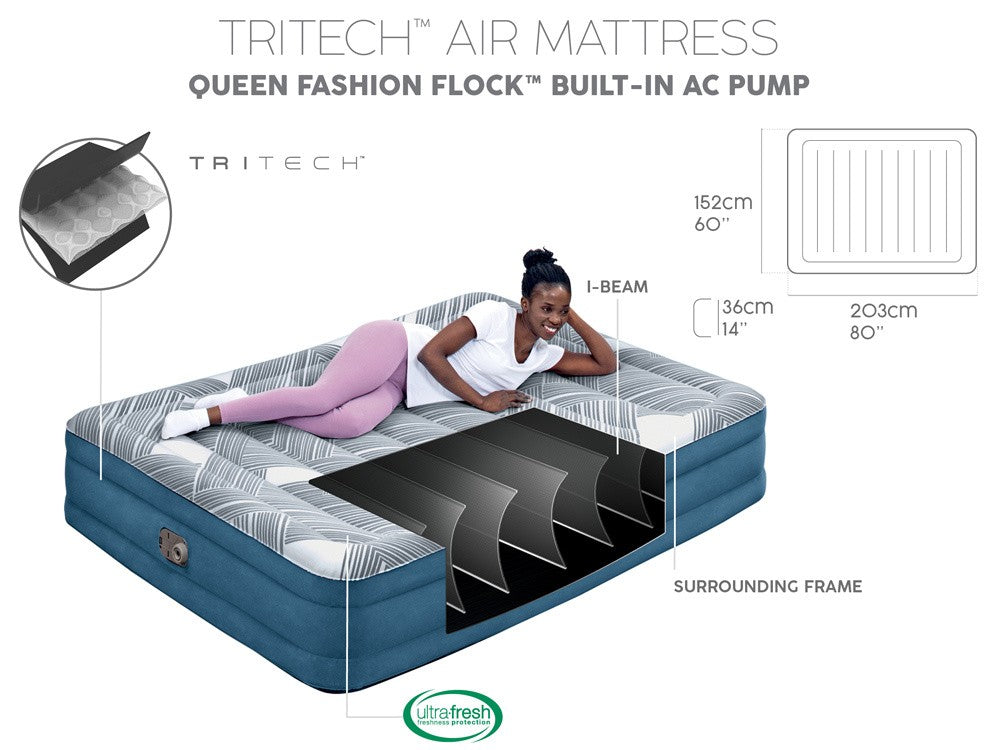 Bestway 2.03m x 1.52m x 36cm Tritech Fashion Flock comfortable inflatable Air Mattress Queen Built-in AC Pump V958-6712Y