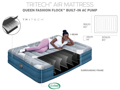 Bestway 2.03m x 1.52m x 36cm Tritech Fashion Flock comfortable inflatable Air Mattress Queen Built-in AC Pump V958-6712Y