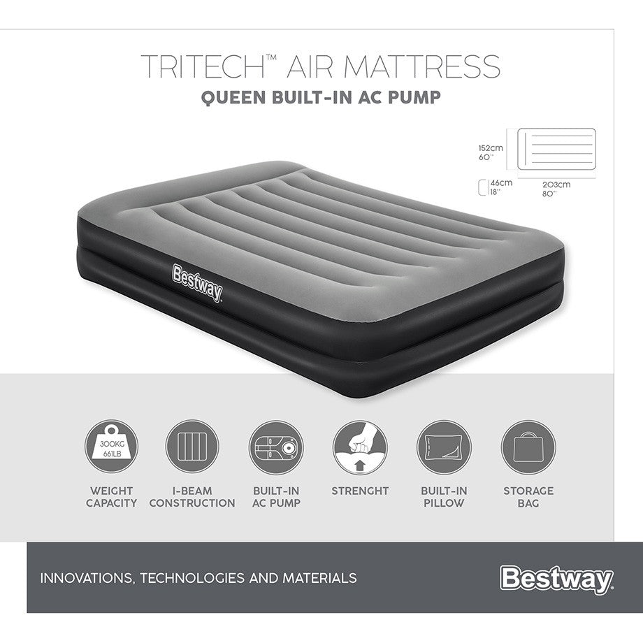 Bestway 2.03m x 1.52m x 46cm Tritech Air Mattress Queen Built-in AC pump V958-67403