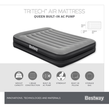 Bestway 2.03m x 1.52m x 46cm Tritech Air Mattress Queen Built-in AC pump V958-67403