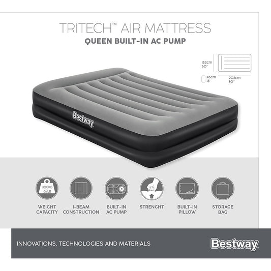 Bestway 2.03m x 1.52m x 46cm Tritech Air Mattress Queen Built-in AC pump V958-67403