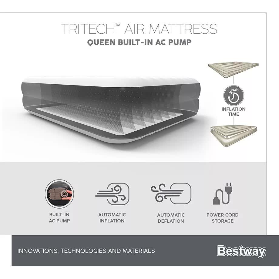 Bestway 2.03m x 1.52m x 46cm Tritech Air Mattress Queen Built-in AC pump V958-67403