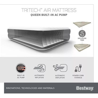Bestway 2.03m x 1.52m x 46cm Tritech Air Mattress Queen Built-in AC pump V958-67403