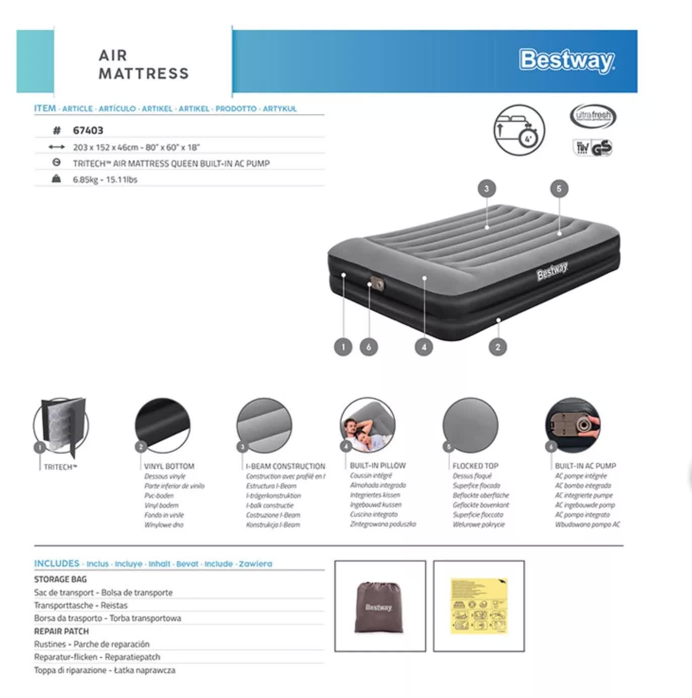 Bestway 2.03m x 1.52m x 46cm Tritech Air Mattress Queen Built-in AC pump V958-67403