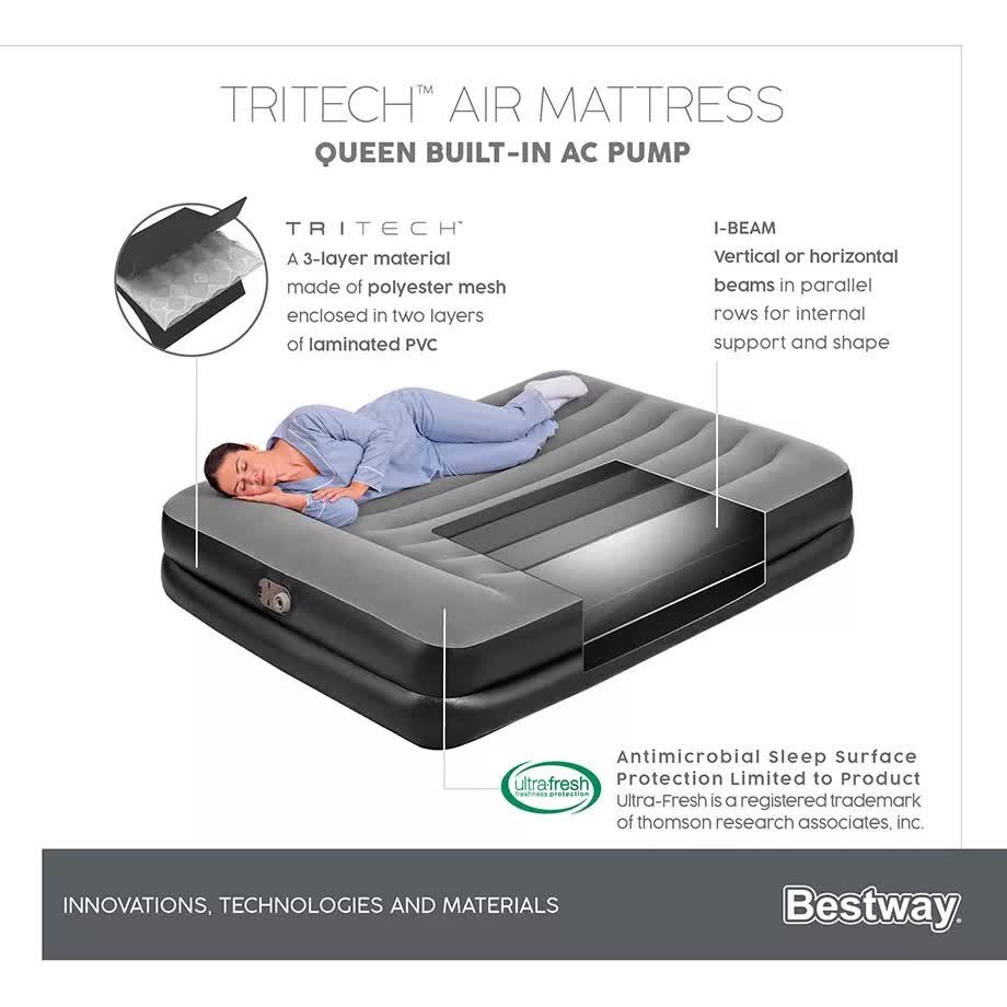 Bestway 2.03m x 1.52m x 46cm Tritech Air Mattress Queen Built-in AC pump V958-67403