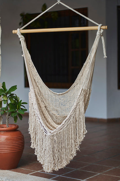 Fringed Cotton Rope Mexican Hammock Swing from Mexico in Ivory V97-CHSCHIVORY
