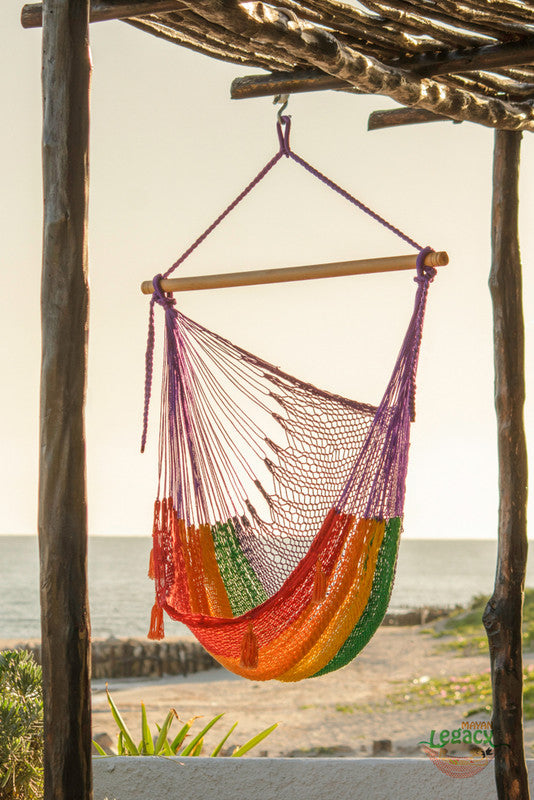 Mayan Legacy Extra Large Outdoor Cotton Mexican Hammock Chair in Rainbow Colour V97-HSCHRAINBOW