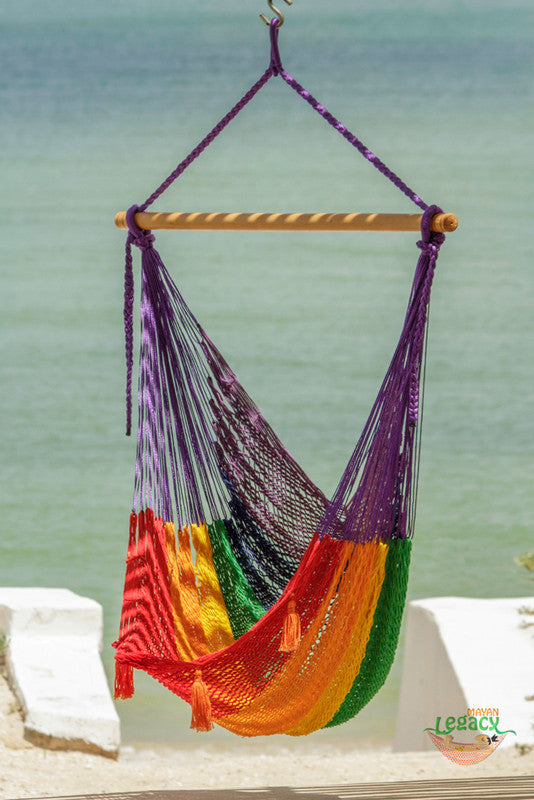 Mayan Legacy Extra Large Outdoor Cotton Mexican Hammock Chair in Rainbow Colour V97-HSCHRAINBOW