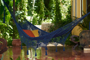 Outdoor undercover cotton Mayan Legacy hammock with hand crocheted tassels King Size Blue V97-TDKBLUE