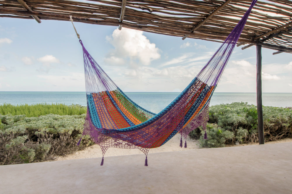 Outdoor undercover cotton Mayan Legacy hammock with hand crocheted tassels King Size Colorina V97-TDK COLORINA