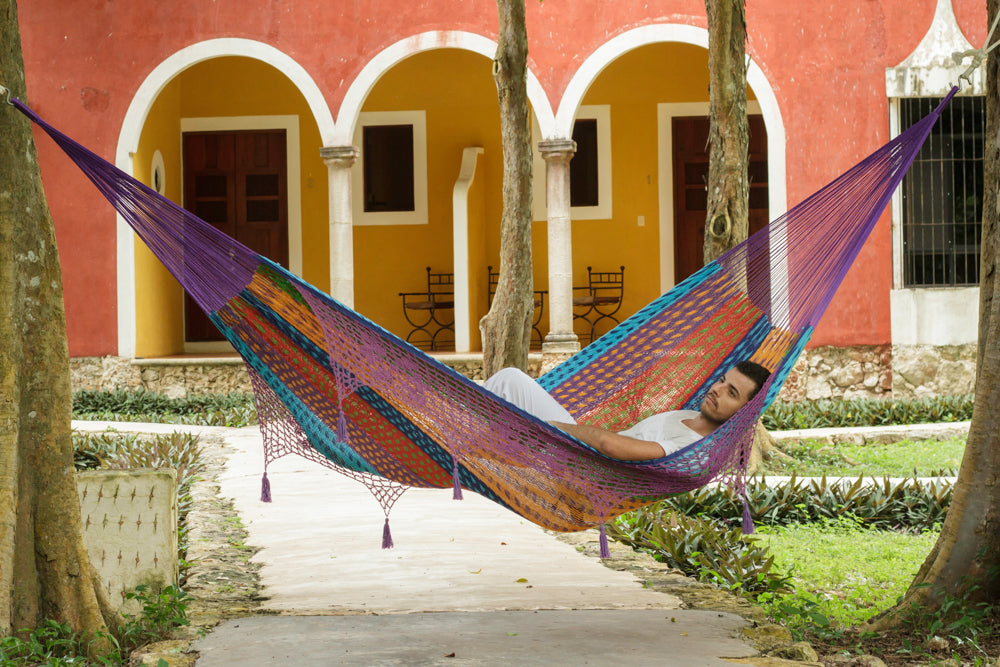 Outdoor undercover cotton Mayan Legacy hammock with hand crocheted tassels King Size Colorina V97-TDK COLORINA