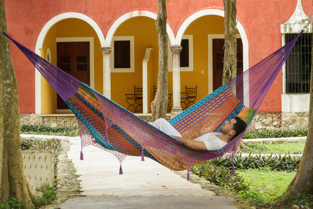 Outdoor undercover cotton Mayan Legacy hammock with hand crocheted tassels King Size Colorina V97-TDK COLORINA