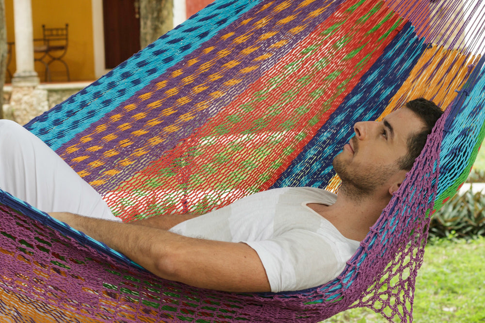 Outdoor undercover cotton Mayan Legacy hammock with hand crocheted tassels King Size Colorina V97-TDK COLORINA