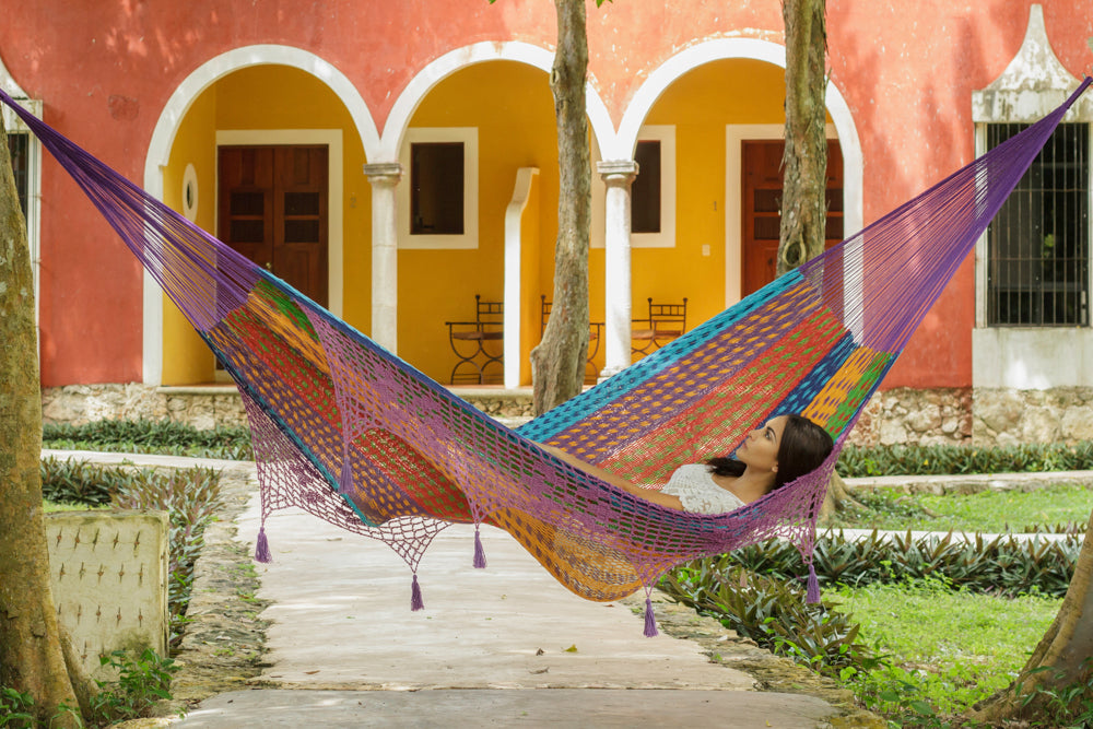 Outdoor undercover cotton Mayan Legacy hammock with hand crocheted tassels King Size Colorina V97-TDK COLORINA