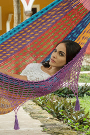 Outdoor undercover cotton Mayan Legacy hammock with hand crocheted tassels King Size Colorina V97-TDK COLORINA