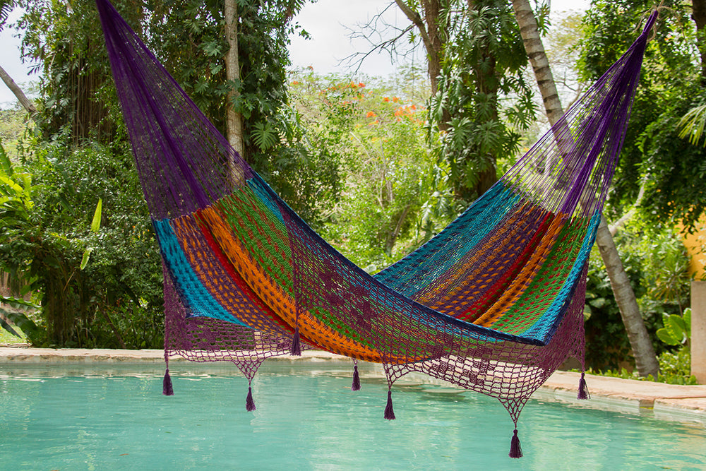 Outdoor undercover cotton Mayan Legacy hammock with hand crocheted tassels King Size Colorina V97-TDK COLORINA