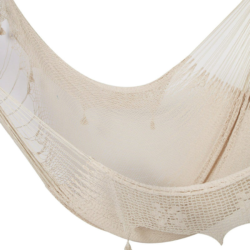 Outdoor undercover cotton Mayan Legacy hammock with hand crocheted tassels King Size Marble V97-TDK CREAM