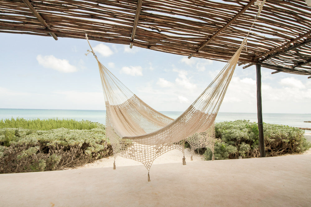 Outdoor undercover cotton Mayan Legacy hammock with hand crocheted tassels King Size Marble V97-TDK CREAM