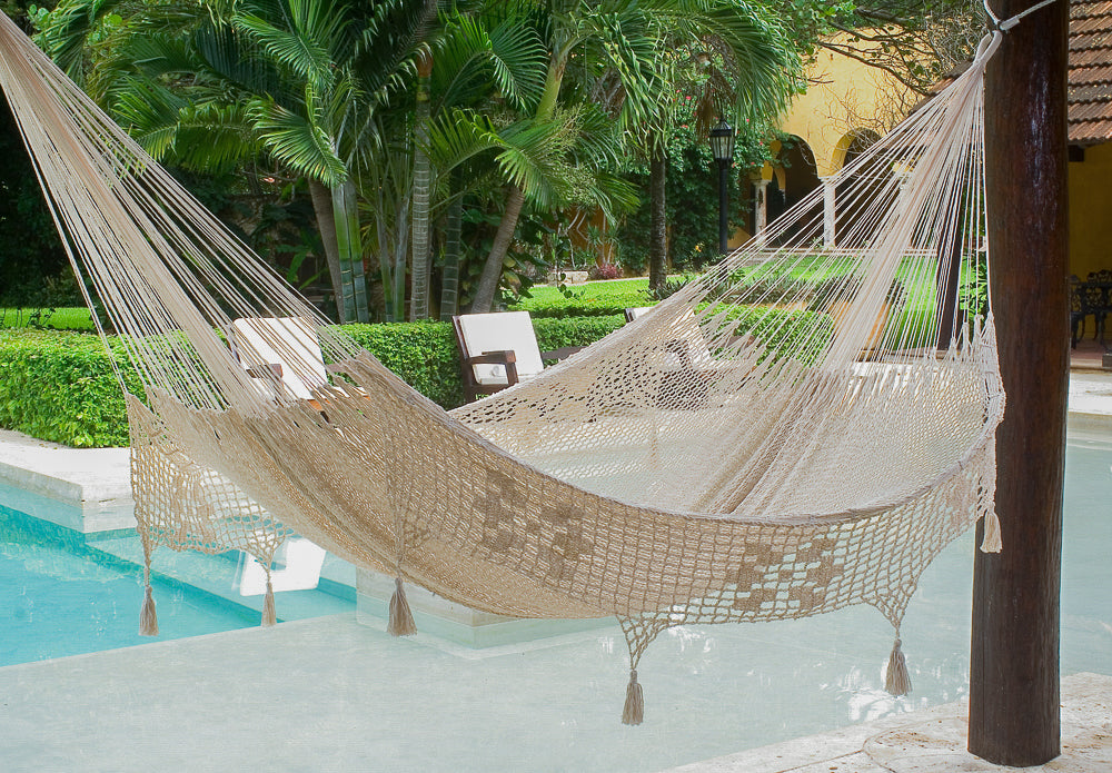 Outdoor undercover cotton Mayan Legacy hammock with hand crocheted tassels King Size Marble V97-TDK CREAM
