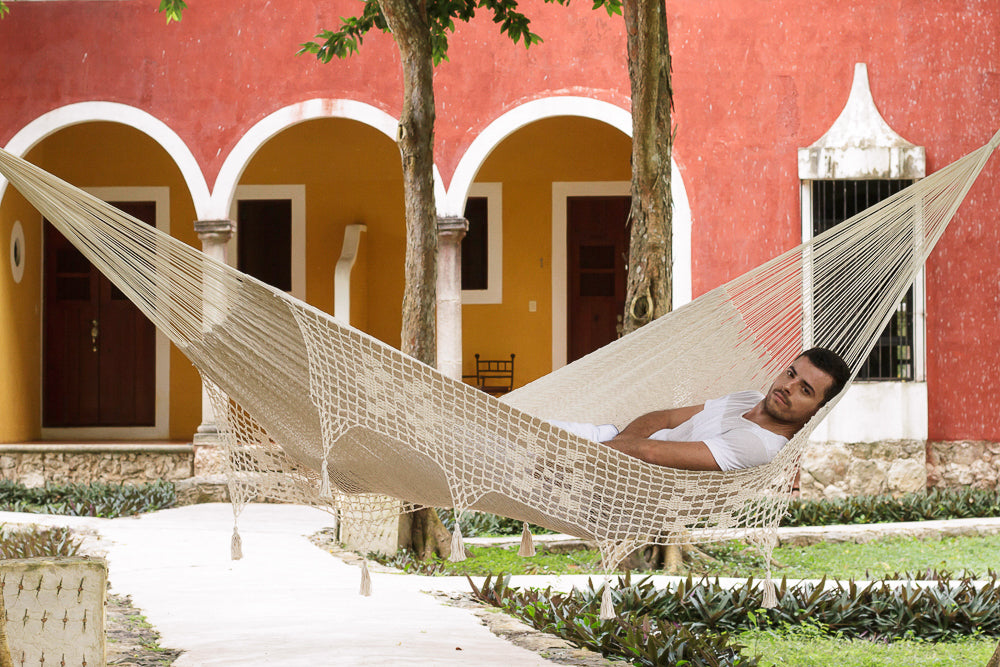 Outdoor undercover cotton Mayan Legacy hammock with hand crocheted tassels King Size Marble V97-TDK CREAM