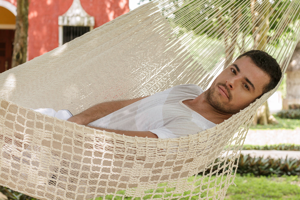 Outdoor undercover cotton Mayan Legacy hammock with hand crocheted tassels King Size Marble V97-TDK CREAM