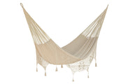 Outdoor undercover cotton Mayan Legacy hammock with hand crocheted tassels King Size Marble V97-TDK CREAM