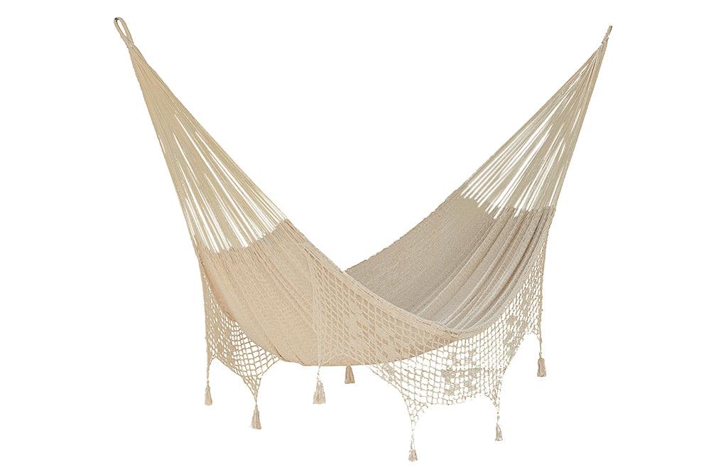 Outdoor undercover cotton Mayan Legacy hammock with hand crocheted tassels King Size Marble V97-TDK CREAM