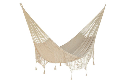 Outdoor undercover cotton Mayan Legacy hammock with hand crocheted tassels King Size Marble V97-TDK CREAM