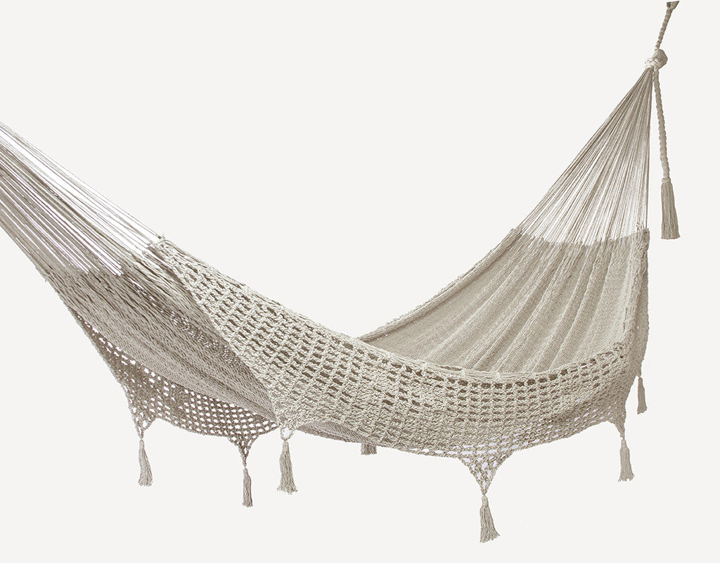 Outdoor undercover cotton Mayan Legacy hammock with hand crocheted tassels Queen Size Marble Colour V97-TDQ CREAM