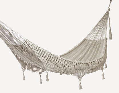 Outdoor undercover cotton Mayan Legacy hammock with hand crocheted tassels Queen Size Marble Colour V97-TDQ CREAM