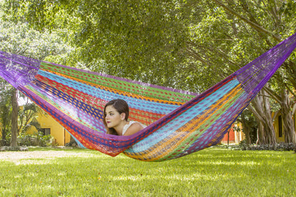 Mayan Legacy Queen Size Outdoor Cotton Mexican Hammock in Colorina Colour V97-TQCOLORINA